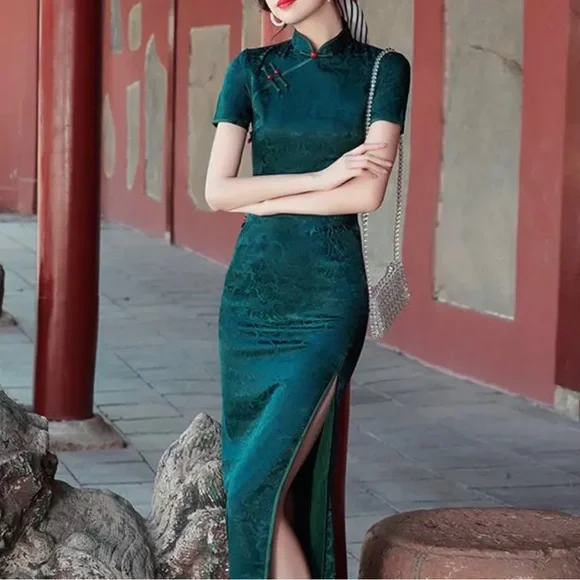 green emerald velvet dress Floral Sequins Cap Sleeve Traditional Cheongsam Chinese Evening Dress Green / XL